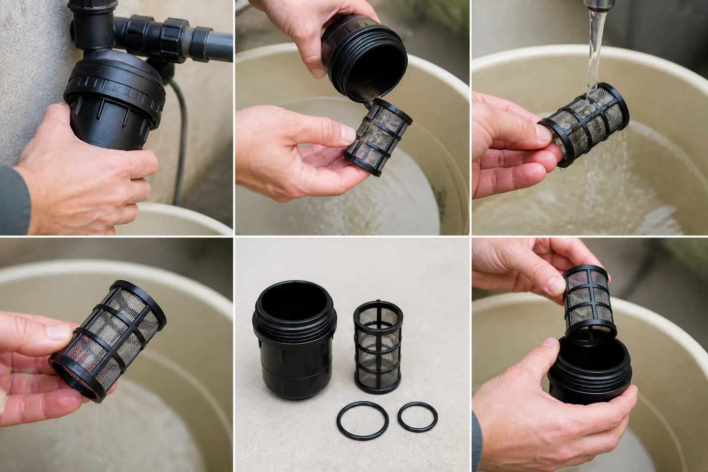 Malla de filtro de riego desmontada y enjuagada con agua limpia