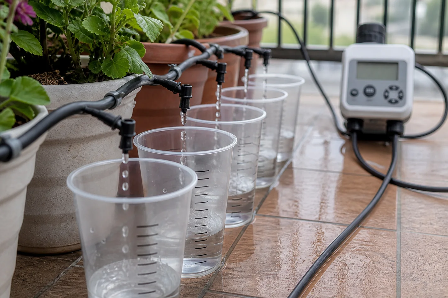 Vasos graduados sin marca midiendo el caudal de varios goteros en macetas