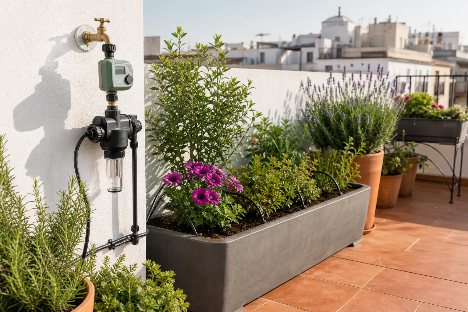 Reductor de presión y filtro en un riego por goteo de terraza