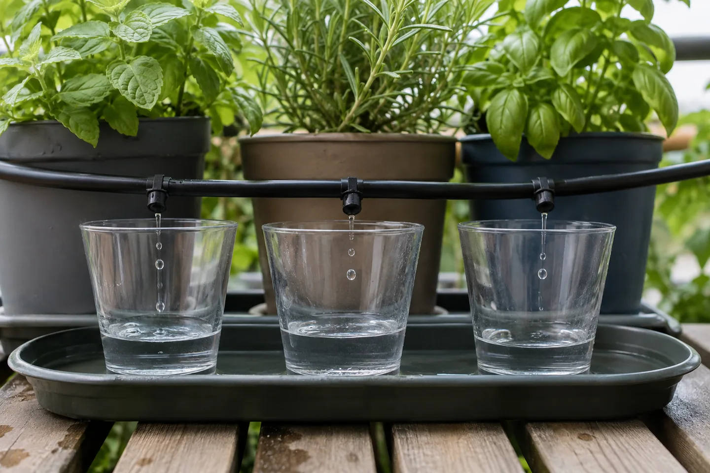 Recipientes usados para comparar el agua de varios goteros